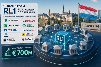 European bank logos surrounding the RL1 blockchain cooperative network visualization