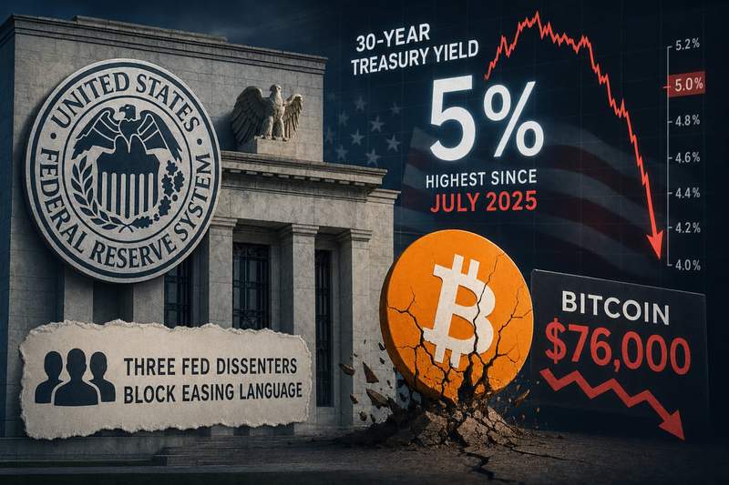 30-year US Treasury yield chart hitting 5% with Bitcoin price declining in the background