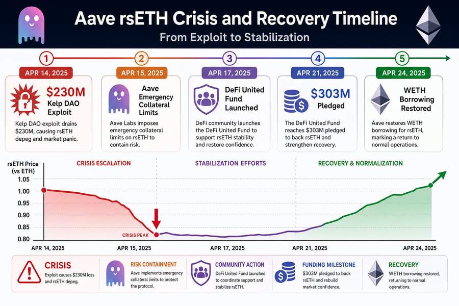 Timeline showing Aave protocol response from initial exploit through DeFi United fund formation to borrowing limit restoration