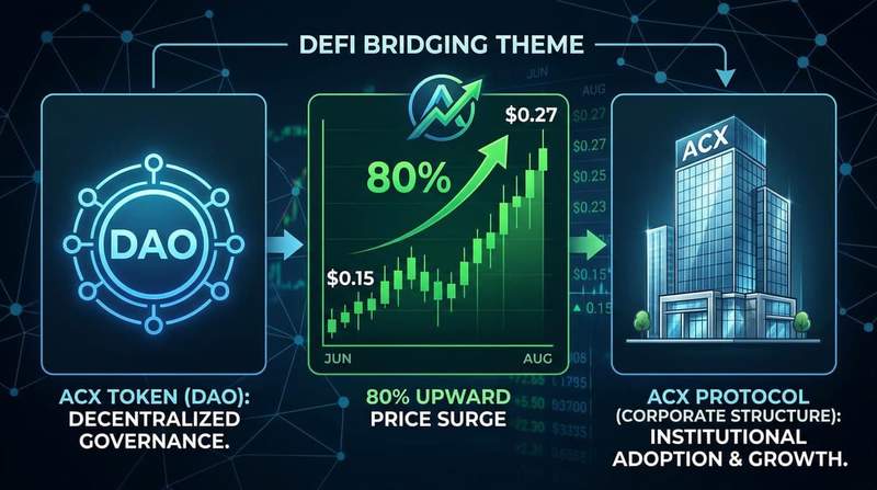 Across Protocol ACX token logo transitioning from a DAO symbol to a corporate building icon with an 80% upward price chart on a dark finance background