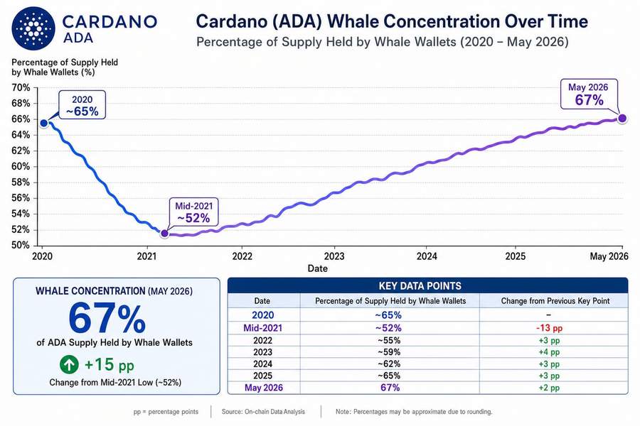 Line chart showing Cardano whale concentration rising from 52% in 2021 to 67% in May 2026
