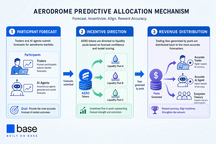 Diagram showing how Aerodrome Predictive Allocation directs incentives based on forecasts and distributes revenue to accurate predictors