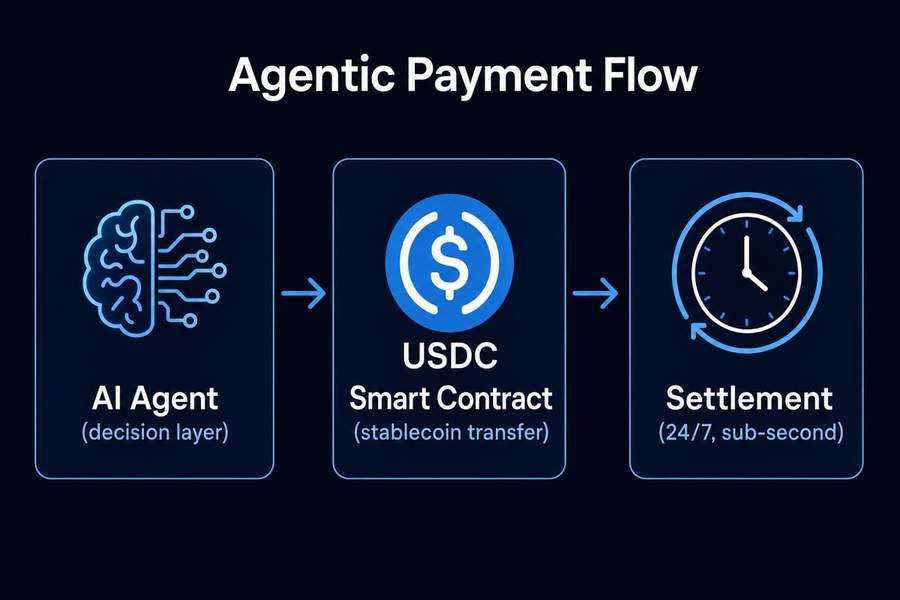 Diagram showing AI agent payment flow through smart contracts to instant settlement