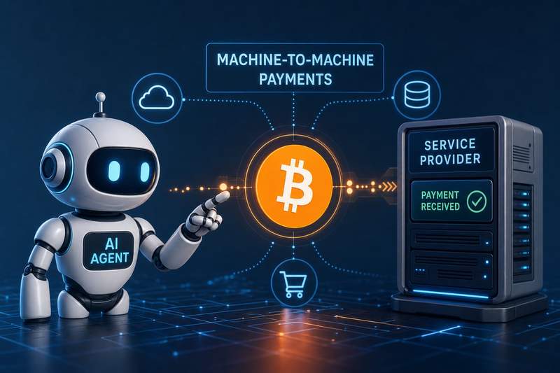 Diagram showing AI agents transacting via stablecoin smart contracts