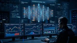 AI neural network analyzing prediction market data with trading charts and probability graphs