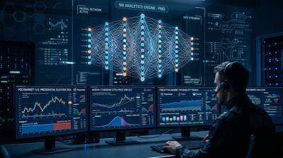 AI neural network analyzing prediction market data with trading charts and probability graphs