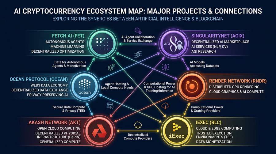 AI cryptocurrency ecosystem map showing major projects and their connections