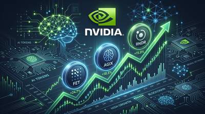 AI cryptocurrency tokens rising with Nvidia logo and circuit patterns in background
