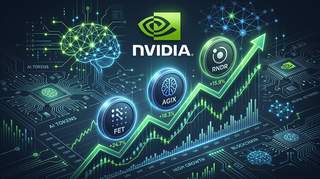 AI cryptocurrency tokens rising with Nvidia logo and circuit patterns in background