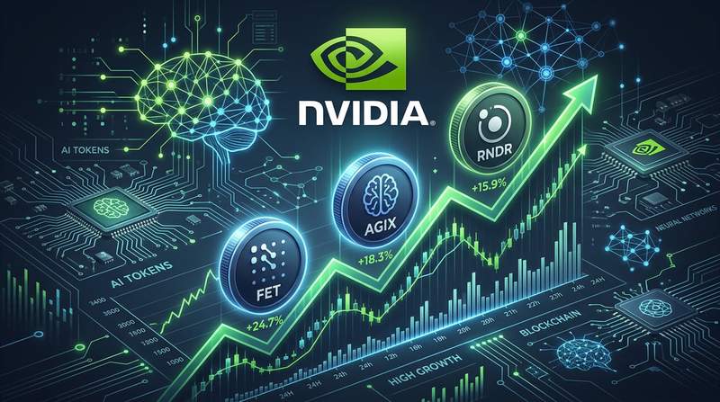 AI cryptocurrency tokens rising with Nvidia logo and circuit patterns in background