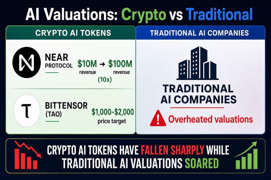 Infographic comparing crypto AI token valuations to traditional AI company valuations