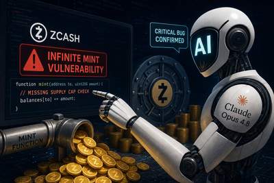 AI system scanning blockchain code with Zcash logo and vulnerability warning indicators