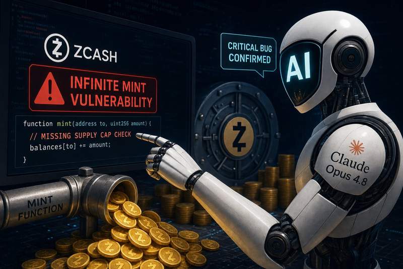 AI system scanning blockchain code with Zcash logo and vulnerability warning indicators