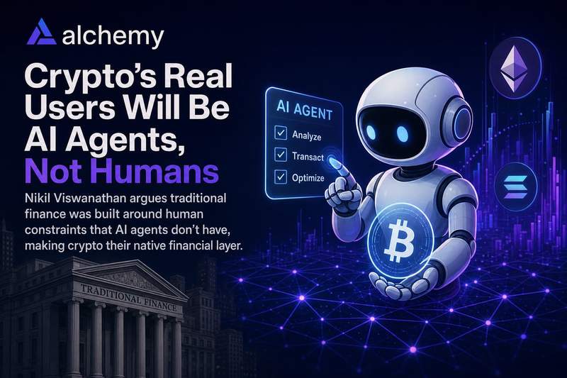 Diagram showing AI agents operating on crypto infrastructure while humans interact through simplified interfaces above