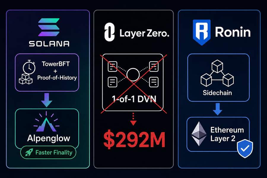 Diagram showing Solana&rsquo;s Alpenglow consensus transition, LayerZero&rsquo;s DVN configuration issue, and Ronin&rsquo;s layer-2 migration