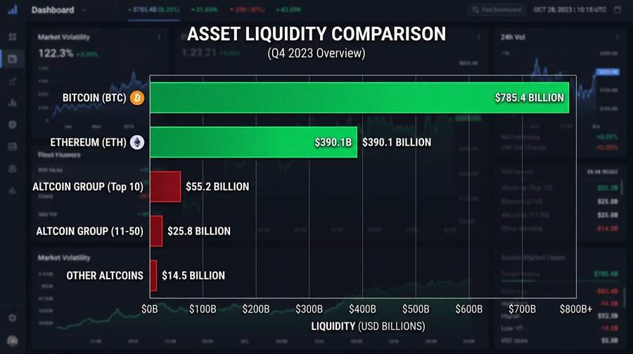 Comparison chart of cryptocurrency liquidity showing Bitcoin and Ethereum&rsquo;s dominance over altcoins