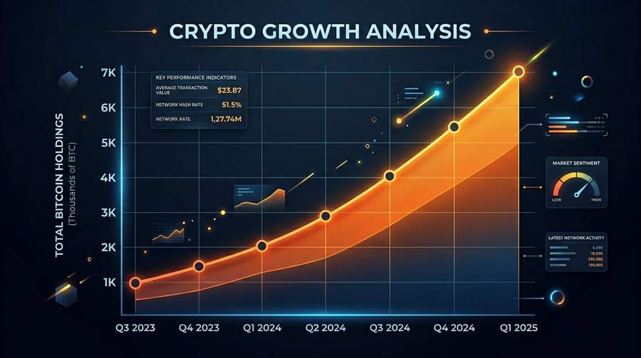 Chart showing American Bitcoin&rsquo;s holdings growth from 1,000 to 7,000 BTC over three quarters