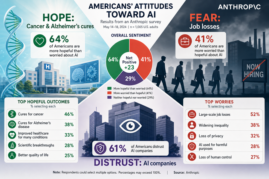 Infographic showing American attitudes toward AI: hope for medical cures, fear of job losses, distrust of AI companies
