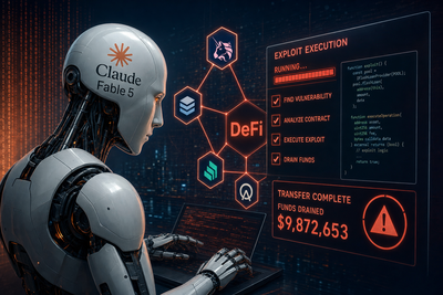 AI-powered cyber attack diagram showing machine-speed vulnerability scanning targeting DeFi protocols