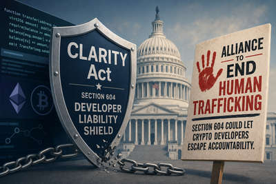 Visual representation of the debate over CLARITY Act Section 604 and crypto developer liability