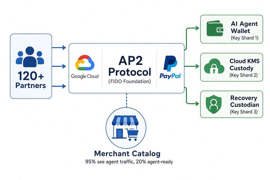 Diagram showing Google AP2 protocol architecture with multi-party custody and partner ecosystem
