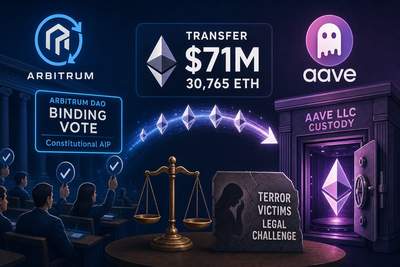 Diagram showing 30765 ETH flowing from Arbitrum Security Council wallet to Aave LLC custody under court supervision