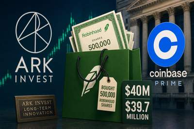 Ark Invest logo with Robinhood stock chart showing recovery potential after Q1 crypto trading slump