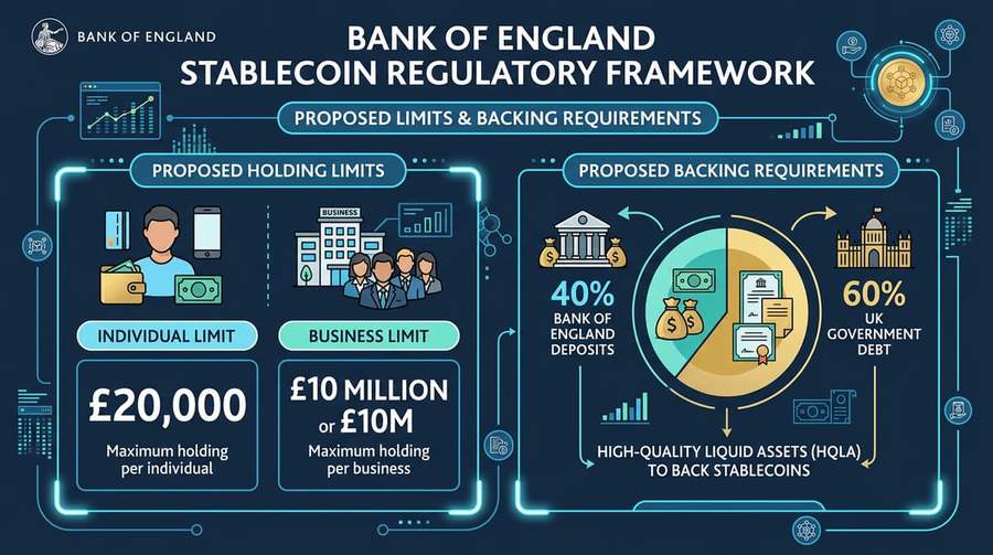 Bank of England stablecoin regulatory framework showing proposed holding limits and backing requirements