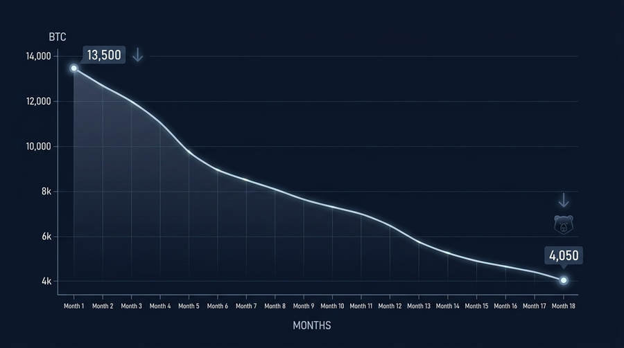 Chart showing Bhutan’s Bitcoin holdings declining from 13,500 to 4,050 BTC over 18 months