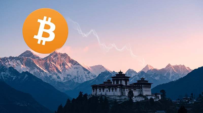 Bhutanese government building with Bitcoin logo overlay