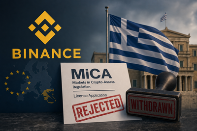 Binance logo with EU regulatory documents and Greek flag elements