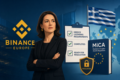 Binance logo with European Union flag and regulatory compliance symbols