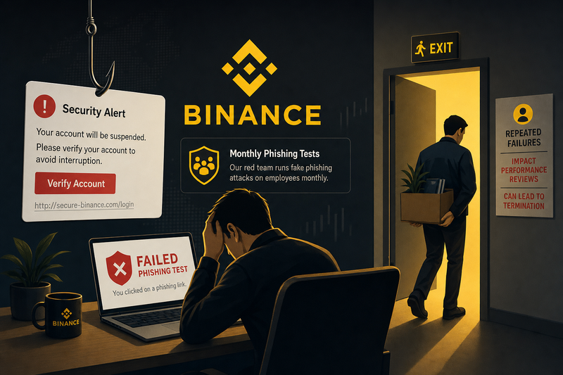 Binance security team running simulated phishing attacks on employees with red warning indicators