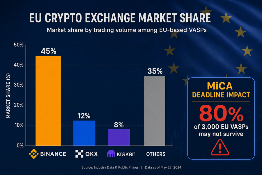 Bar chart showing Binance dominant EU crypto exchange market share versus competitors facing MiCA compliance