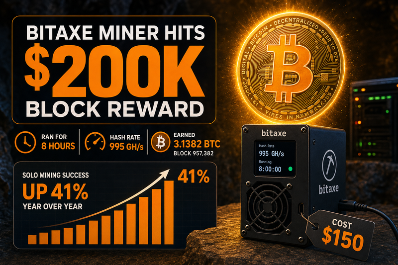 Bitaxe solo mining device with Bitcoin block reward visualization