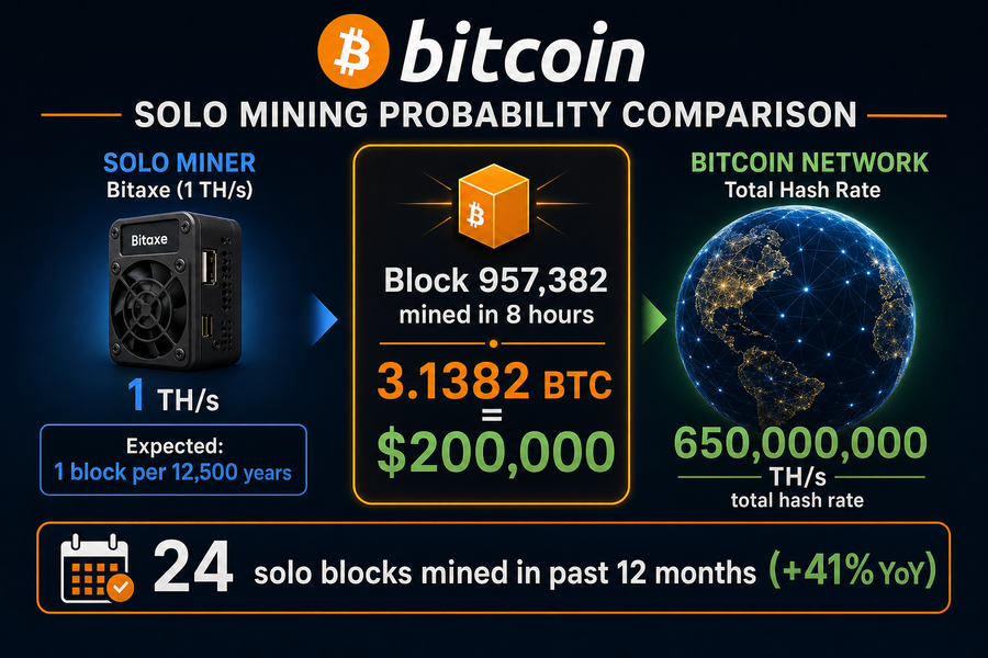 Infographic showing Bitaxe solo mining probability statistics compared to Bitcoin network hash rate