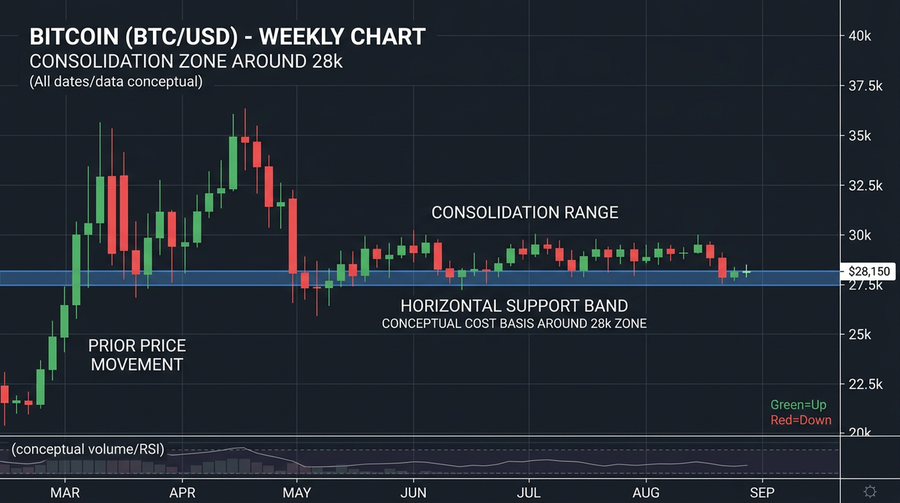 Bitcoin price chart showing consolidation at $28,400 2023 investor cost basis level