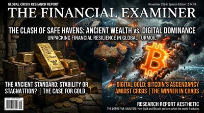 Bitcoin symbol rising above gold bars and stock market charts during turbulent times