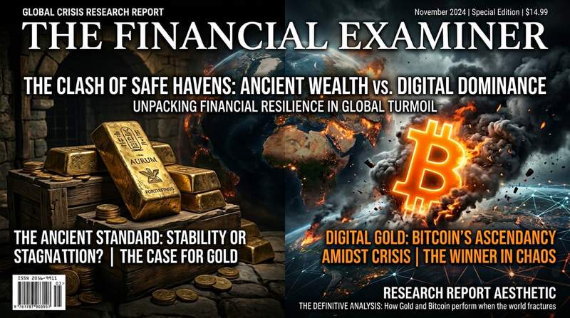 Bitcoin symbol rising above gold bars and stock market charts during turbulent times