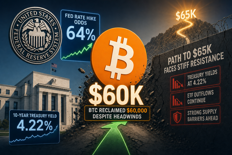 Bitcoin price chart showing $60,000 level with Federal Reserve building and rising Treasury yield indicators