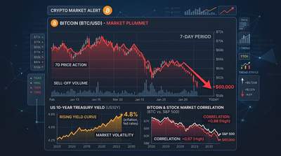 Bitcoin price chart showing decline to $60,000 alongside stock market indicators