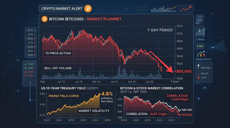 Bitcoin price chart showing decline to $60,000 alongside stock market indicators