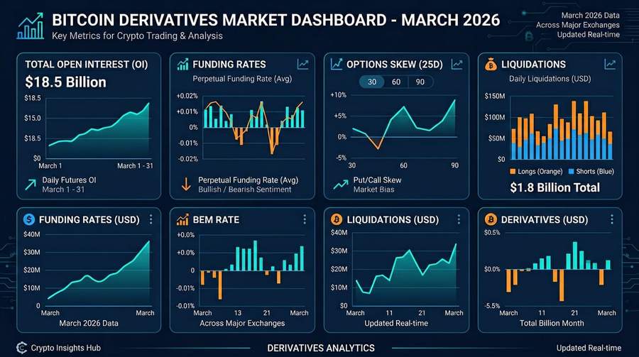 Bitcoin derivatives metrics dashboard showing open interest, funding rates, options skew and liquidations for March 2026