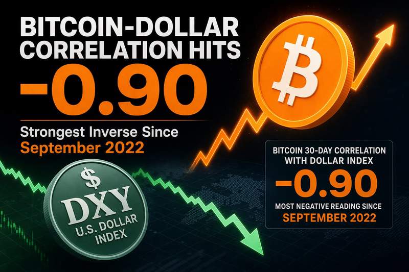 Bitcoin price chart showing inverse correlation with the US Dollar Index at negative 0.90