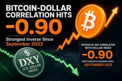 Bitcoin price chart showing inverse correlation with the US Dollar Index at negative 0.90