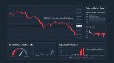 Bitcoin price chart showing decline below $75,000 with derivatives data overlay