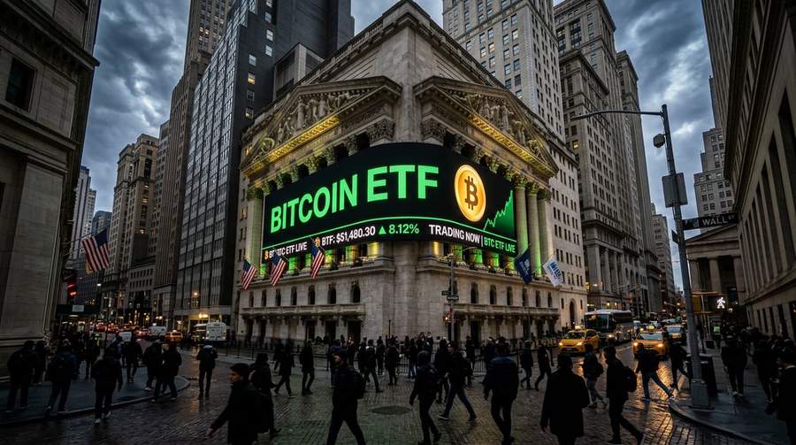 Wall Street building displaying Bitcoin ETF announcement on digital screen