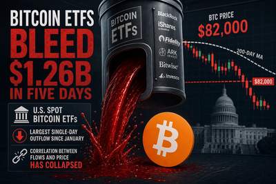 Bitcoin ETF outflow chart showing $635 million withdrawal and price decline below 200-day moving average