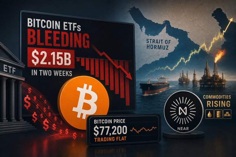Bitcoin ETF outflow chart showing $2.15 billion in two-week losses alongside rising commodity prices