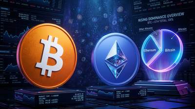 Bitcoin and Ethereum logos prominently displayed with smaller cryptocurrency symbols faded in background